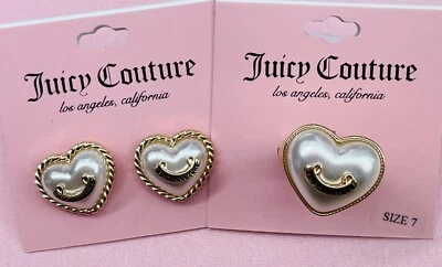 Juicy Couture Gold Tone Pearl Heart Ring & Earrings Set - Image 1 of 4