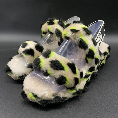 UGG OH YEAH GHEPARDO PANTOFOLA SANDALO DONNA US 7 FINTO SHEARLING KEY LIME EUR 38