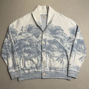 Faherty Offshore Cardigan Sweater XL White Blue Palm Tree Pockets Cashmere - Picture 1 of 15