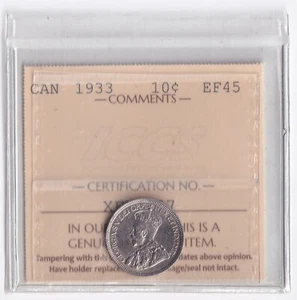 Canada 1933 10c Ten Cent Silver Coin King George V ICCS Graded EF-45 .800 Silver - Picture 1 of 2