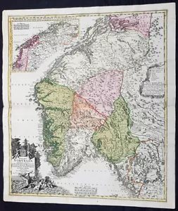 1720 J B Homann Large Original Antique Map of Norway - Regni Norvegiae - Picture 1 of 4