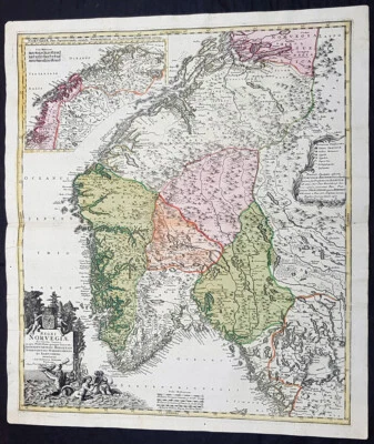 1720 J B Homann Large Original Antique Map of Norway - Regni Norvegiae - Image 1 of 4