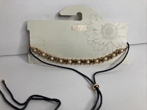 Charisma Cream Beads on Gold Color Choker Necklace with Leather Tie Choker - Picture 1 of 4