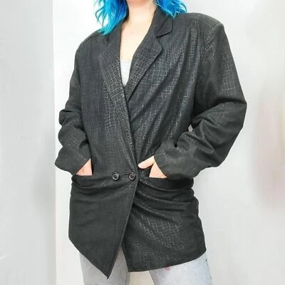 Vintage 80s Bermans Black Reptile Print Suede Leather Blazer Jacket - Image 1 of 4