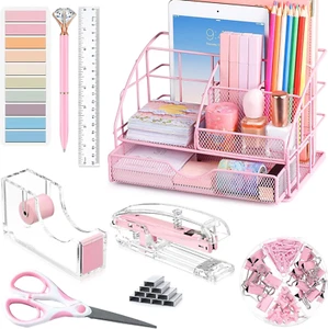 Chic Pink Desk Organizer Set with Mesh Holder, Tape Dispenser & Office Supplies - Picture 1 of 12