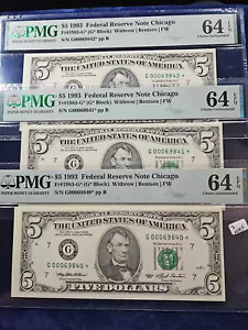 🌟(3 Consecutive 1993 $5 Federal Reserve Note Star Fr-1983-G* CHICAGO PMG-64 EPQ - Picture 1 of 7