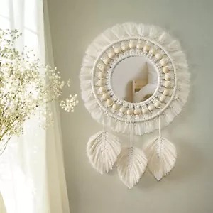 Hanging Wall Mirror with Macrame Fringe Round Decoration Boho Antique Mirror - Picture 1 of 4