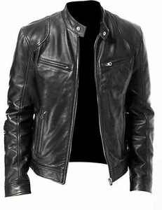 MENS VINTAGE CAFE RACER BLACK BROWN GENUINE LEATHER SLIM FIT REAL BIKER JACKET - Picture 1 of 10