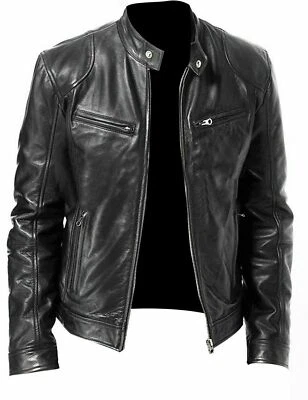 Herren Oldtimer Cafe Racer Schwarz Braunes Echtleder Slim Fit Echt Bikerjacke - Bild 1 von 4