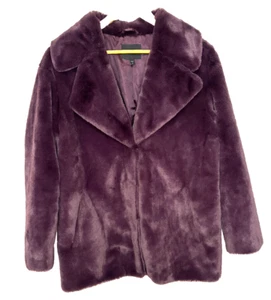 Express Faux Fur Fuzzy Wine Plum Purple Mock High Neck Jacket Coat Size Small - Picture 1 of 6