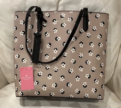 Nuevo con etiquetas Bolso de Mano Kate Spade Grande con Cremallera Beige Crema Negro Estampado Floral de Lunares con Acento de Borla Foto 1 de 4
