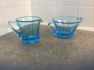 Vintage Aqua Blue Hand Blown Glass Sugar and Creamer Set Antique - Picture 1 of 11