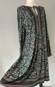 Monsoon grün rosa Blumen Perlen Folk Jersey Leinen Baumwolle Heritage Kleid XL 20 22 - Bild 1 von 21