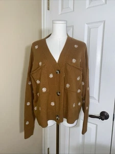 Madewell Embroidered Cardigan Sweater Size Large Boho Classic Wool Blend Brown - Picture 1 of 7
