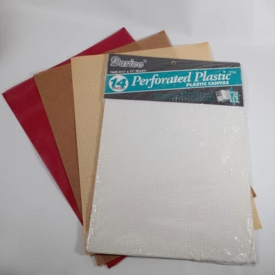 NOS Darice White Red Brown Tan 14 Count Perforated Plastic Cross Stitch 5 Sheets - Image 1 of 3