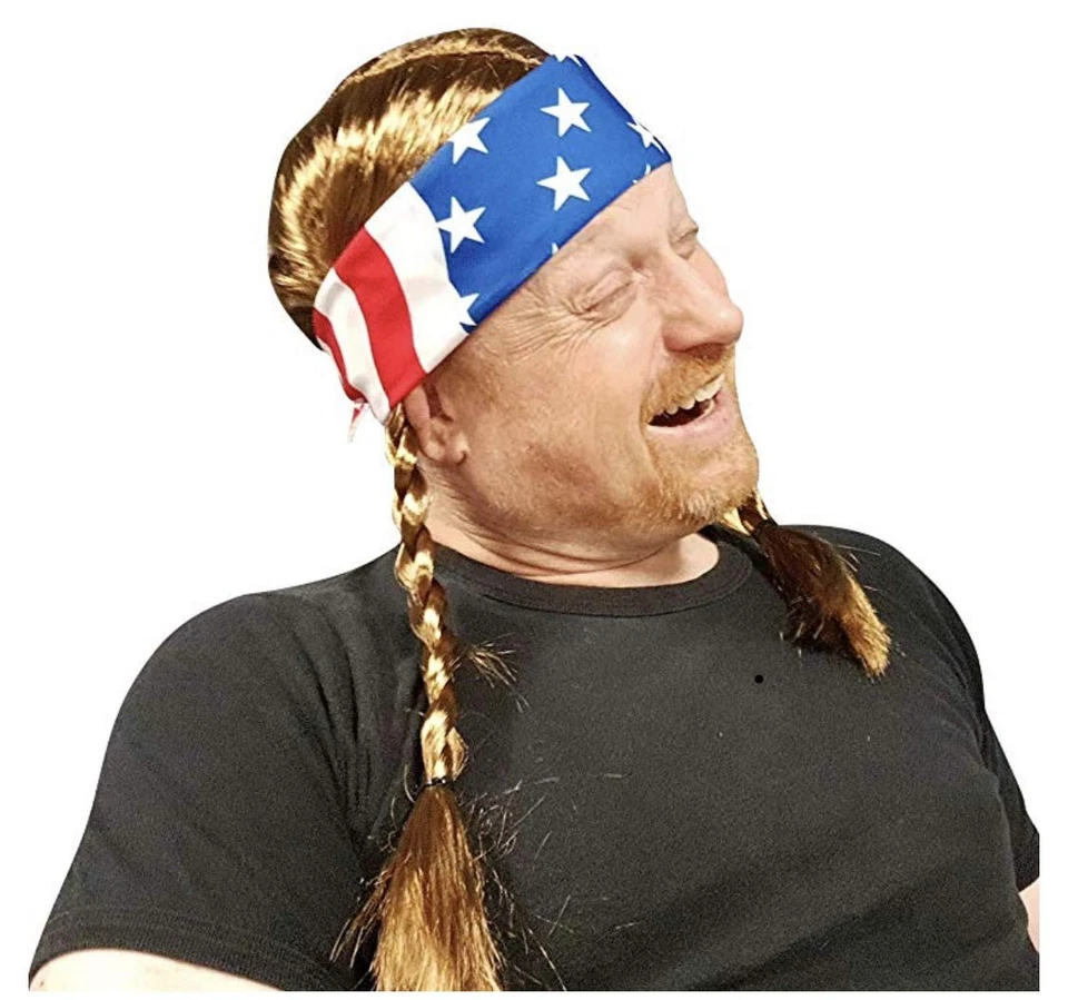 Willie Braided Wig With USA Bandana - Hillbilly Country Red Neck Cowboy Costume