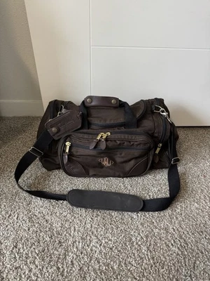 Bolsa de viagem vintage LL Bean Freeport Maine marrom couro lona bolsa de ginástica com etiqueta de bagagem - Imagem 1 de 4