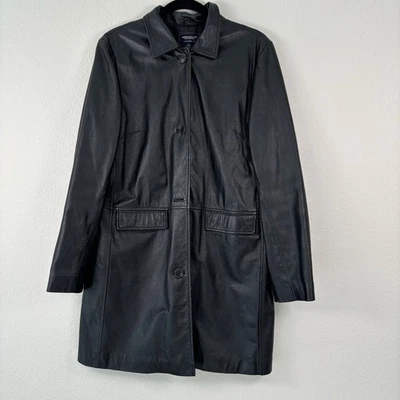 American Eagle Jacket Mens Large Black 100% Leather Coat Grunge Y2K Trench - Image 1 of 4