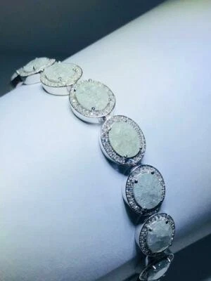 Platino Argento Sterling Bianco Zaffiro Quarzo Halo Ovale Beige Design Bracciale - Immagine 1 di 2