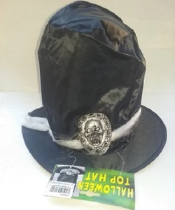HALLOWEEN COSTUME MENS SATIN BLACK TOP HAT w/ SILVER SKULL TRIM BAND MANS DEATH - Picture 1 of 1