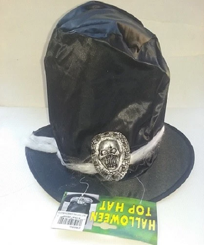 DISFRAZ DE HALLOWEEN PARA HOMBRE SATINADO NEGRO SOMBRERO DE COPA con BANDA PLATEADA CALAVERA MUERTE DEL HOMBRE Foto 1 de 1