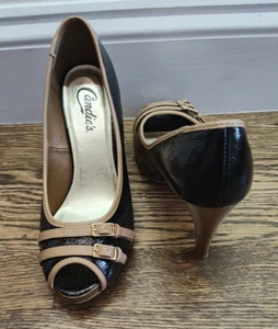 Vintage Candies Black Tan Patent Leather 3.5" High Heels Peep Toe Size Womens 7 - Picture 1 of 8