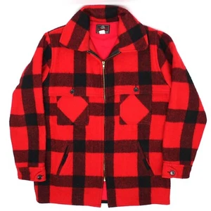 VTG Johnson Woolen Mills Hunting Coat Mens 40 Red Black Plaid Wool Zip Jacket US - Picture 1 of 6