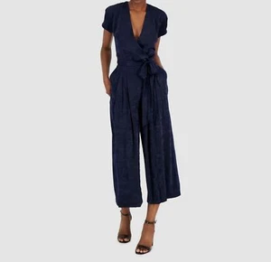 $159 Tahari Asl Women's Blue V-Neck Belted Waist One-Piece Jumpsuit Size 14 - Picture 1 of 2