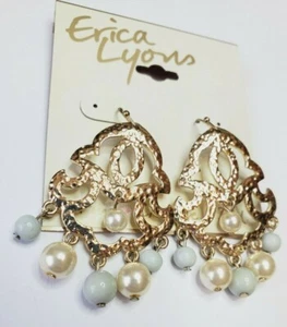 Erica Lyons Gold Tone French Wire Chandelier Dangle Earrings Pearls White Cream - Picture 1 of 3