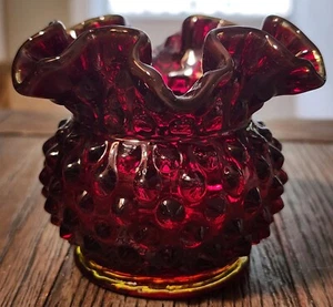 VINTAGE FENTON 1950'S RUBY HOBNAIL AMBERINA CREST ROSE BOWL EX COND - Picture 1 of 12