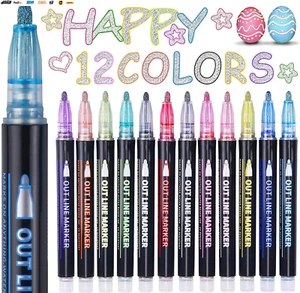 Easter Basket Essentials, 12 Colors Shimmer Markers Outline Glitter Pens, Easter - Picture 1 of 6
