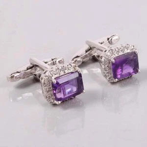 Natural Amethyst Cufflink 6x8 mm Octagon Cufflinks Sterling Silver Men cufflinks - Picture 1 of 3