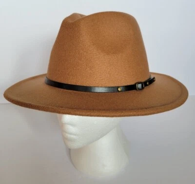 Mens Hat Size 7 Wool Blend Faux Leather Belt w Buckle Band Adjustable Ribbon Tan - Image 1 of 4