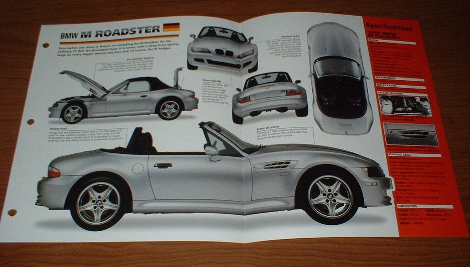 1998 BMW M Roadster Spec Sheet Brochure Photo Info Pamphlet 98 97 - Image 1 of 1