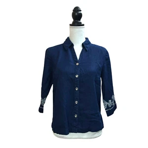 JM Collection Shirt Womens 8P Blue Linen Embroidered Floral 3/4 Sleeve Button Up - Picture 1 of 4