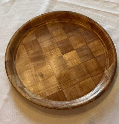 老式编织竹木托盘托盘直径 13 英寸 — 第 1/4 张图片