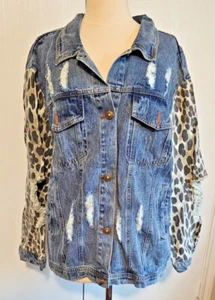 Bibi Women's Long Sleeve Shirt Jacket LARGE Denim & Leopard Print Distressed New - Picture 1 of 3
