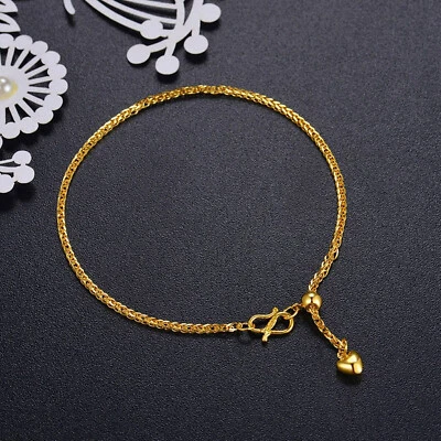 Pure 999 24K Yellow Gold Chain Heart Bead Wheat Adjust Bracelet Anklet 1.6g - Image 1 of 4