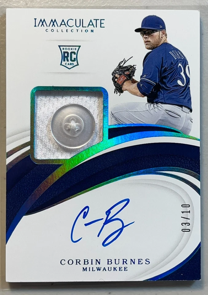 Corbin Burnes 2019 Panini Immaculate /10 Button RPA Patch Auto RC Autograph 15 - Image 1 of 2