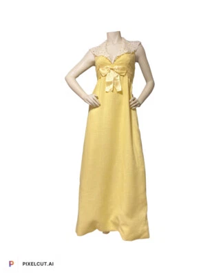 Maxi Vestido Halter Vintage Años 70 MOLLIE PARNIS BOUTIQUE Amarillo Lino Mod Blanco Crochet Foto 1 de 4