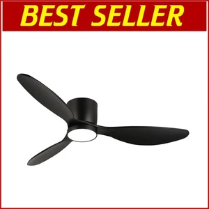 52" Black Modern Flush Mount Ceiling Fan with Dimmable LED Light & Remote - Picture 1 of 10