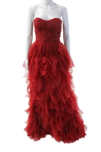 J. Mendel Womens Tulle Tiered Strapless Sweetheart Neckline Gown Red Size 2 - Picture 1 of 5
