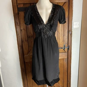 Whistles Vintage Y2K schwarz 100 % Seide V-Ausschnitt Gürtel Kurzarm Midikleid UK 10 - Bild 1 von 7