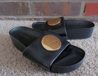 Сандалии-шлепанцы на платформе Tory Burch Patos черная кожа золотой диск размер 8 НОВЫЕ - Изображение 1 из 4