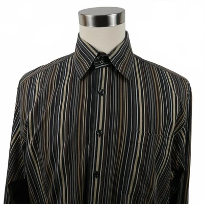 Pronto Uomo 男式棉纽扣黑色米色条纹正装衬衫大号 — 第 1/4 张图片
