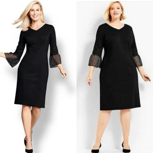 Talbots Lace Flounce Ponte Sheath Dress 12P Black Crochet Bell Sleeve Stretch - Picture 1 of 7