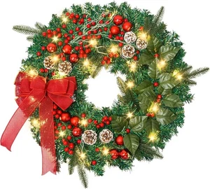 24In Prelit Christmas Wreath with 50 LED Lights, Large Christmas Wreath for F... - Picture 1 of 6