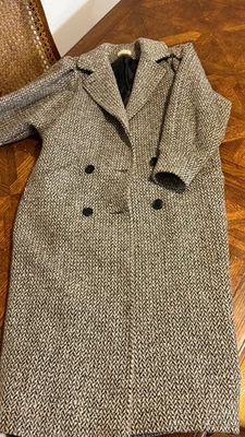 复古 20 世纪 60 年代时尚 Jill Herringbone 羊毛大衣,双排扣,U 制造 — 第 1/4 张图片