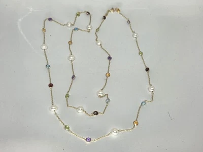 38" 14k Station Necklace Pearl, Garnet, Amethyst, Citrine, Topaz Very Elegant - Image 1 of 4