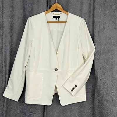 Blazer feminino DKNY tamanho 14 branco minimalista jaqueta de um botão clássico chique - Imagem 1 de 4